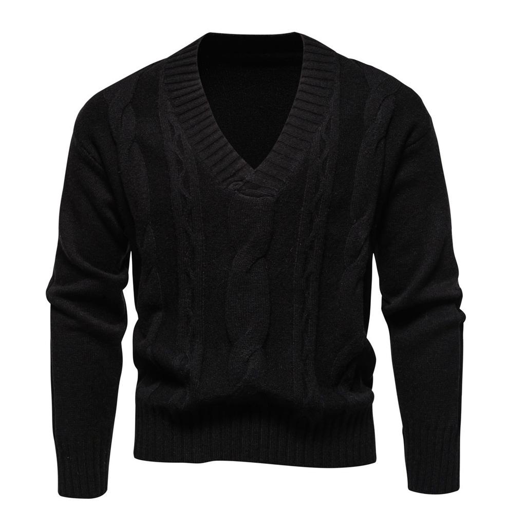 Men's Long-sleeved Thickened Jacquard Sweater Autumn and Winter Men's V-neck Solid Color Sweater