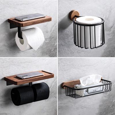 Creative Walnut Wood Toilet Paper Holder No Drill Bathroom Tissue Box with Phone Shelf