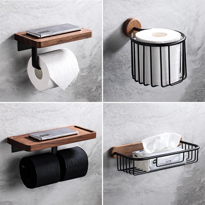 Toilet Paper Holder with Natural Walnut Wooden Shelf Tissue Roll Hanger Wall Mounted Paper Towel Bar Toilet Paper Roll Holder