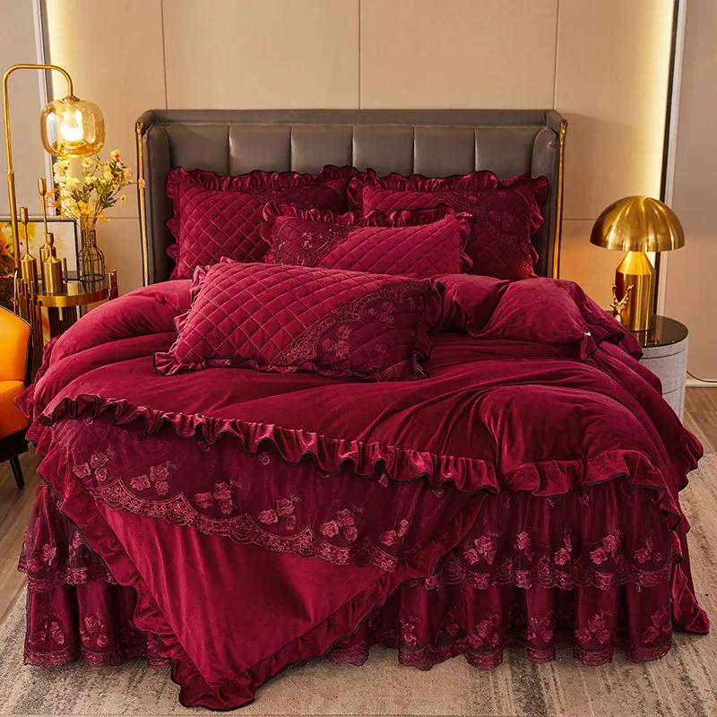 AI WINSURE-French 4pcs Bedding Set, Velvet Duvet Cover, Lace Bedspread, Queen Double King Size, Luxury, Soft Thick, for Winter