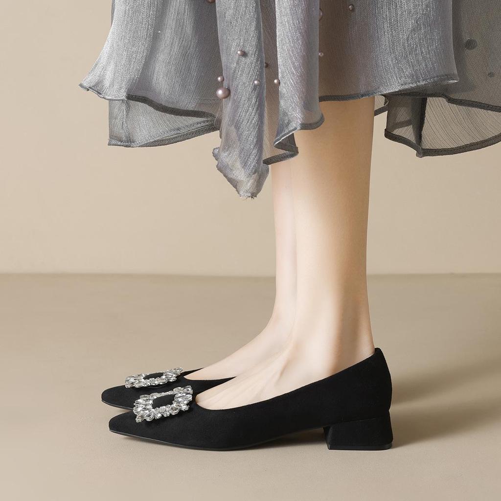 Weiwei Black Rhinestone Chunky Heel Pointed Toe Slip-On Flats for Women