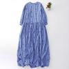 Blue round neck embroidered cotton and linen dress women's 2025 spring and summer new loose casual fine plaid seven-quarter sleeve long dress