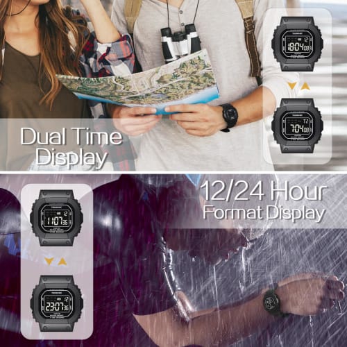 10 ATM Water Resistant Sports Watch for Swimming and Diving, with Alarm Clock, Stopwatch, Timer, Dual Time, Calendar, and 12-hour and 24-hour Format S