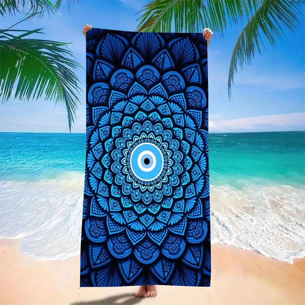 Boho Hamsa Hand & Böser Blick Strandtuch Saugfähig Schnelltrocknend Mikrofaser Blau Floral Meeresmuster Decke für Picknick & Outdoor