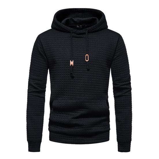 Long Sleeves Drawstring Pocket Waffle Fabric Men Sweatshirt Spring Autumn Plaid Quilting Solid Color Hoodie
