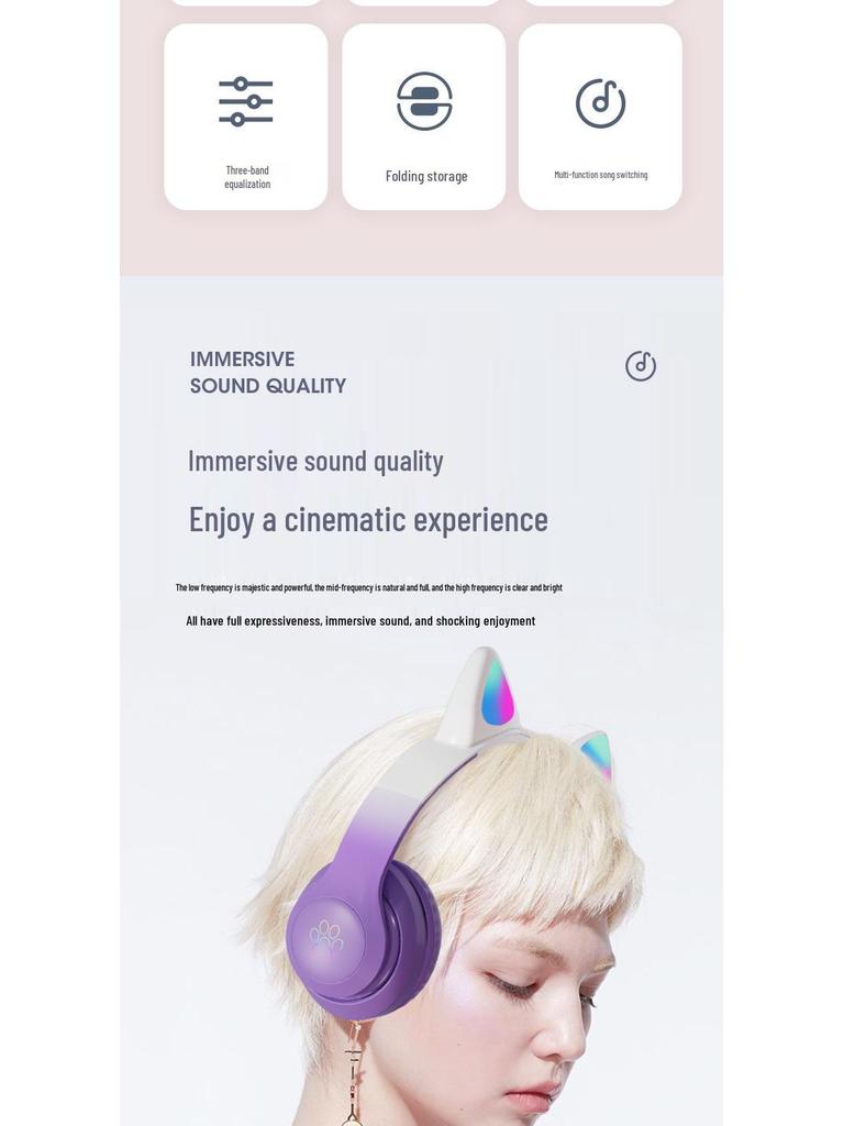 Sky Blue Cat Ear Bluetooth Headphones with Breathing Light