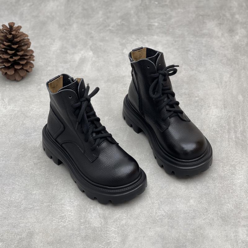 Johnature Ekte skinnstøvletter med tykk såle i britisk stil, allsidige damesko