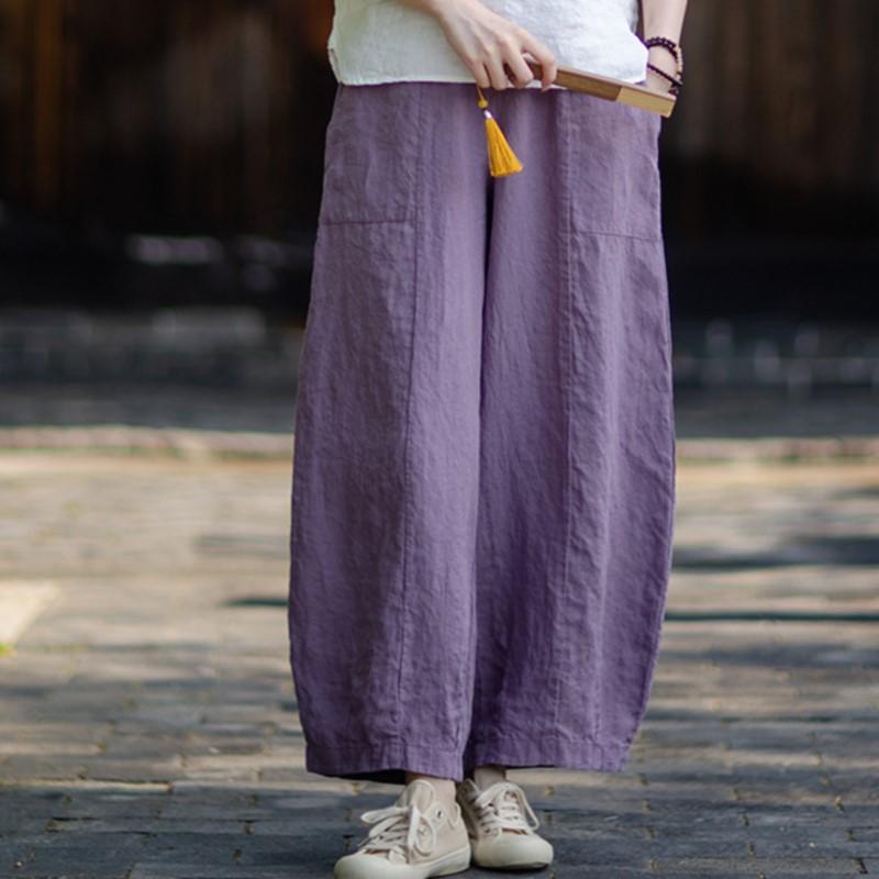 Johnature Women Vintage Pants Summer Chinese Style Solid Color Elastic Waist Trousers Loose Pockets Wide Leg Pants
