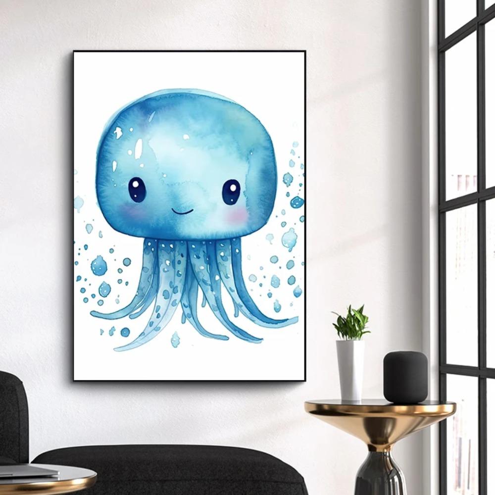 Cute Ocean Animals Watercolor Poster Minimalism Beach Octopus Whale Prints Canvas Painting Wall Art Picture Home Kids Room Decor