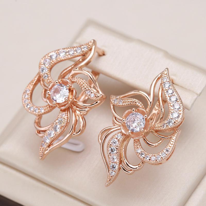 Luxury Boho Rose Gold Earrings For Women Micro-Wax Inlay Natural Zircon Crystal Earrings Flower Bridal Wedding Jewelry