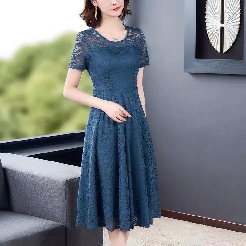 Sexy Lace Dress Women's Short Sleeve Summer Mid Length Dress Ladies Style Slim Dress Solid Color Casual Dress