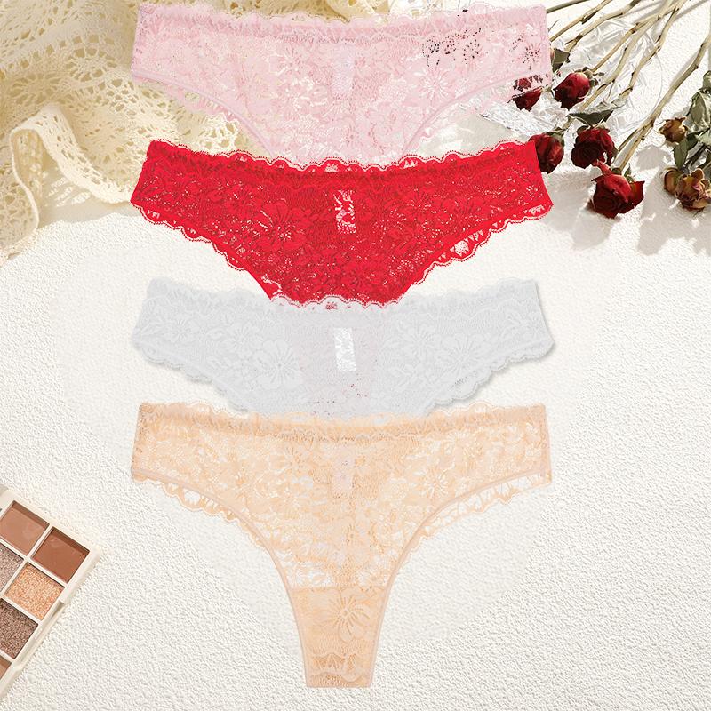4Pcs/Set Perspective Lace Panties Hollow Out Low-waist Underwear Thongs Female Underpants Breathable Lingerie Intimates