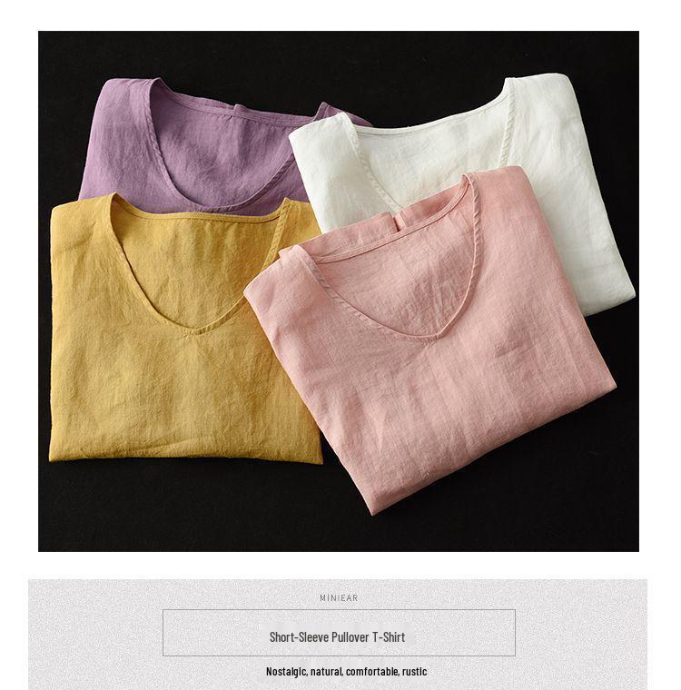 Damen Retro Baumwolle Leinen Übergröße Kurzarm Top - Schlankmachend, Vielseitig, Einfarbiges Freizeit-T-Shirt