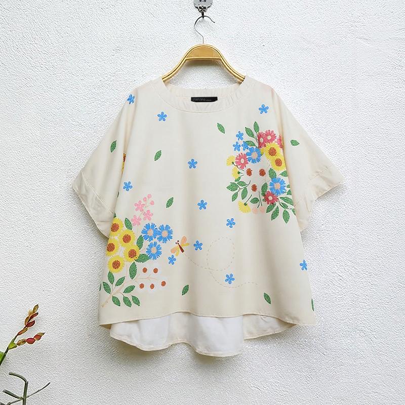 

ZANZEA Женская повседневная блузка с круглым вырезом, цветочным принтом и коротким рукавом S абрикосовый