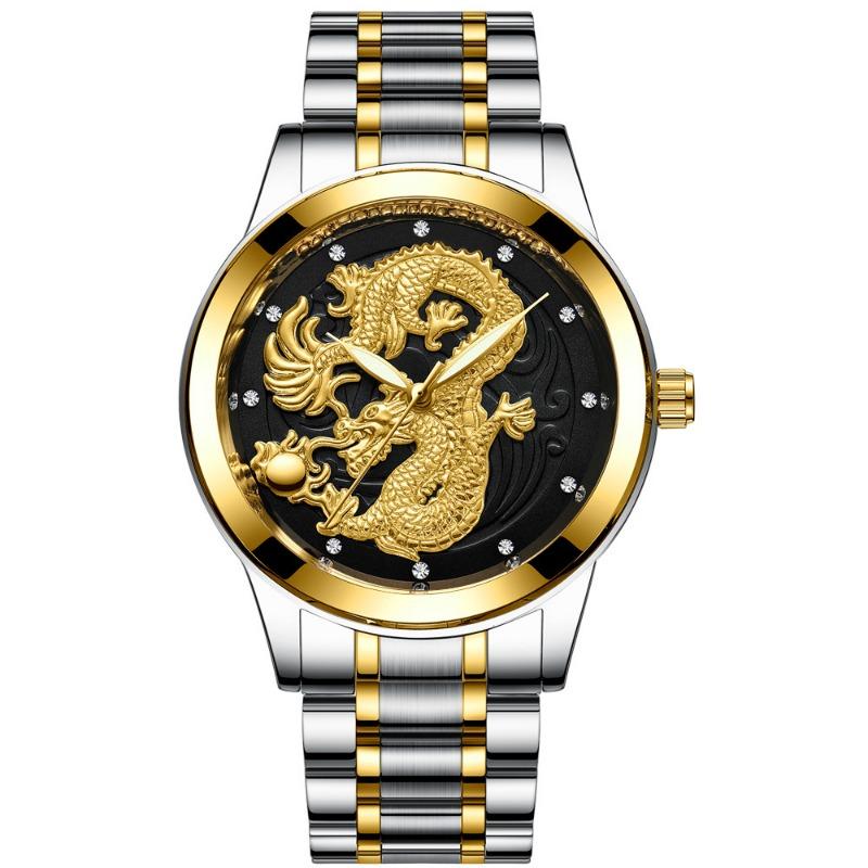 Top Brand Watch Men's Non-mechanical Watch Waterproof Luminous Gold Color Quartz Ultra-thin Steel Strap Dragon and Phoenix Couple Watch