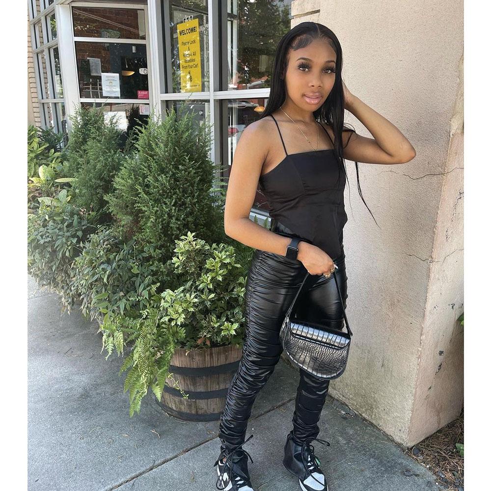 Podzimní evropská a americká móda: Sexy skládané kalhoty z umělé kůže s vysokým pasem