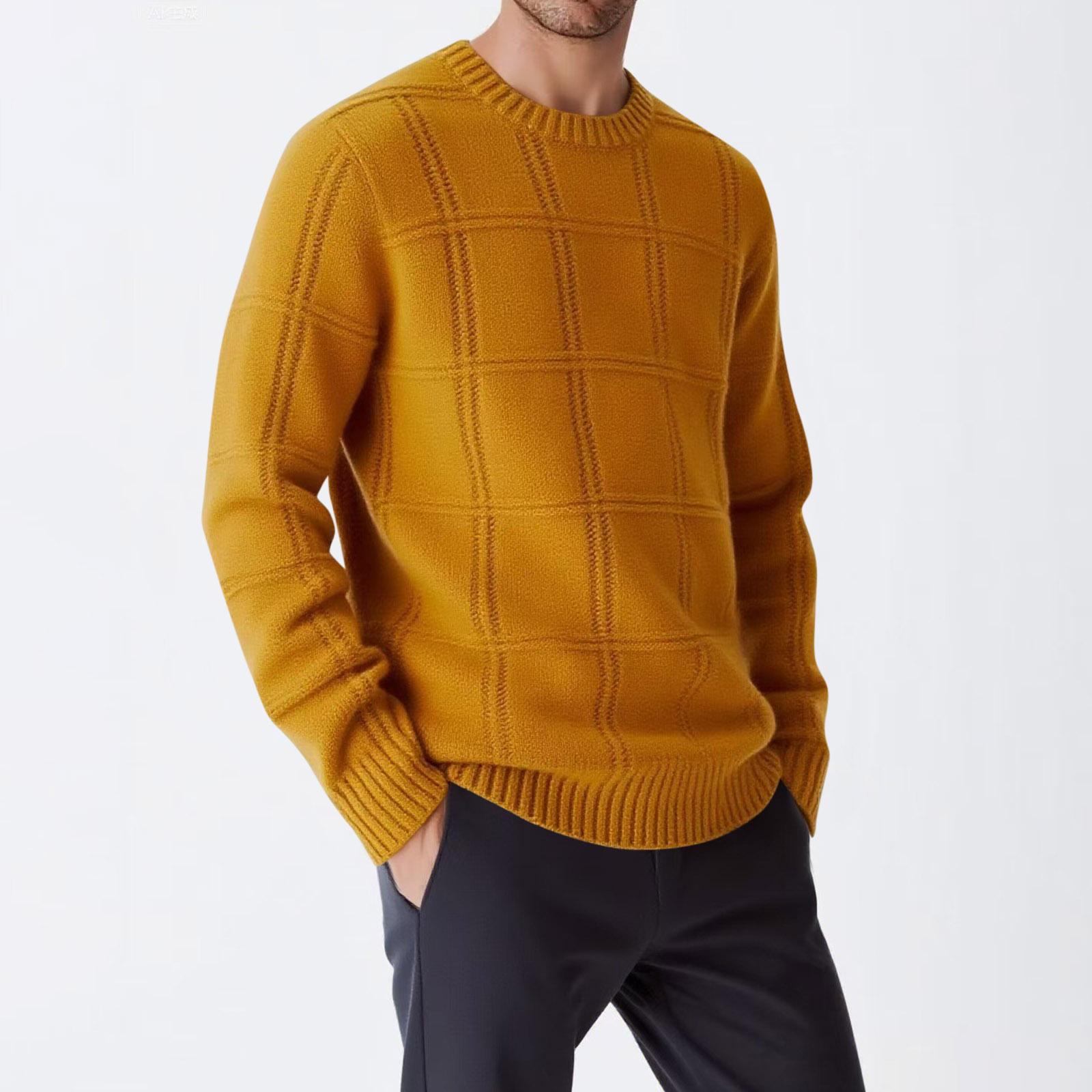 

Men s Solid Color Round Neck 3D Plaid Sweater Casual Fashion Loose Knitted Long Sleeve Pullover M