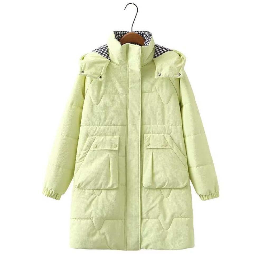 Winter Pocket Padded Jacket Plaid Hooded Women's Fashion Casual Mid-length Padded Jacket