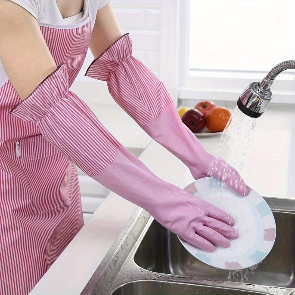 1Pair of Extended Velvet Thermal Household Cleaning Gloves, Waterproof Kitchen Dishwashing Gloves