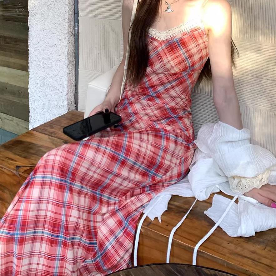 Hhyii Twilight Rose Plaid V-Neck Lace Dress - Women's Summer Sling Tea Dress