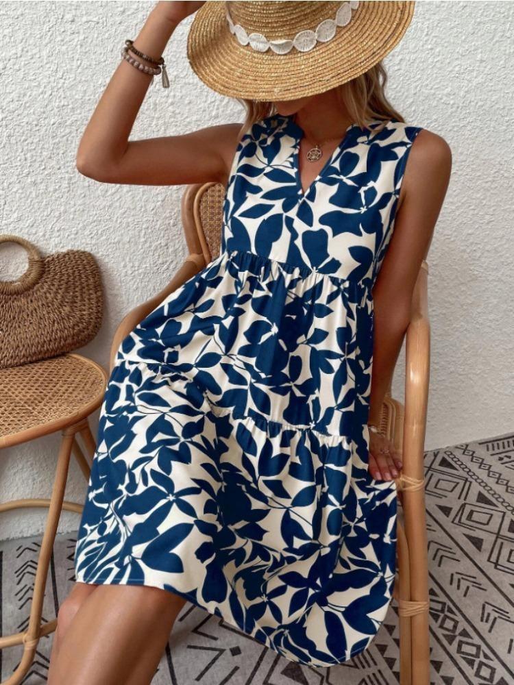 Sommermode Böhmisch Bedrucktes Plisseekleid Damen Locker V-Ausschnitt Lässig