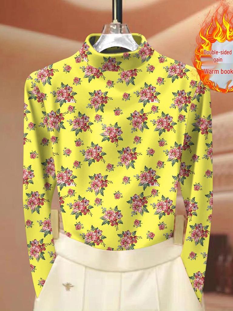 Women's Ribbed Fleece Floral Print Base Layer: Half-High Neck, Long Sleeve, Autumn/Winter Mom's Wear.