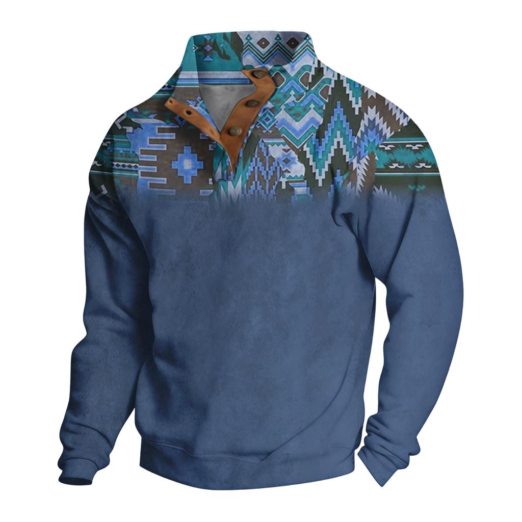 Men's Pattern Pullover Button Sweatshirt Long Sleeve Western Casual Top