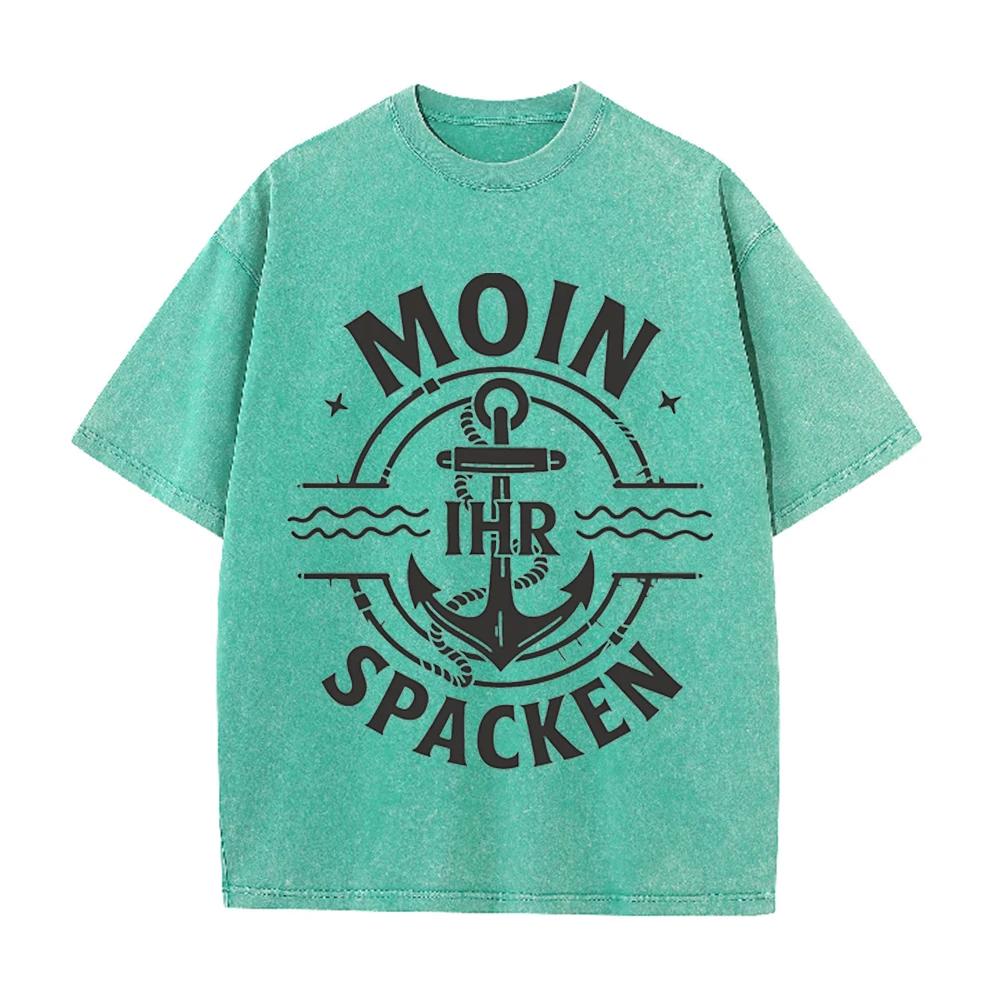 2026 Vintage Nautical Anchor Wave Badge Graphic Beige Washed T Shirt Moin Ihr Spacken German Slogan Casual Oversized Unisex Shor