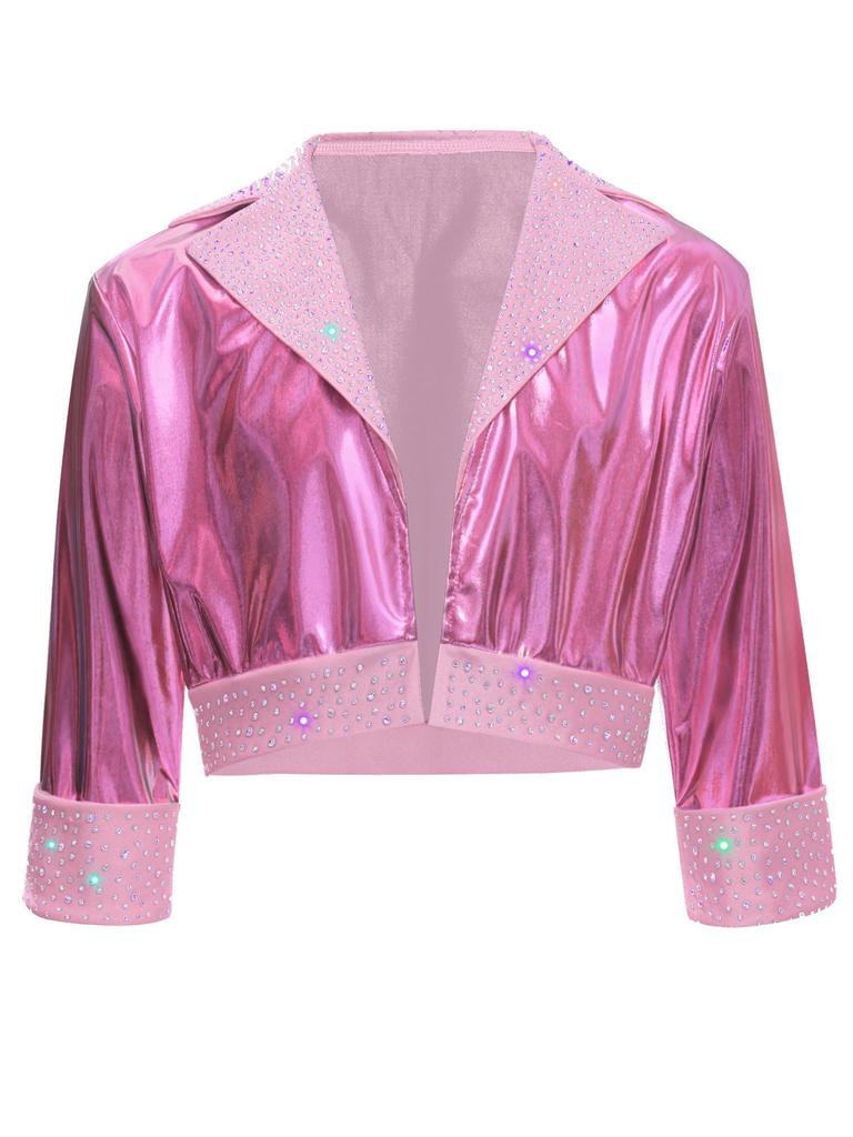 Mädchen Reverskragen Langarm Glänzende Strasssteine Metallische Jacke Jazz Dance Oberbekleidung