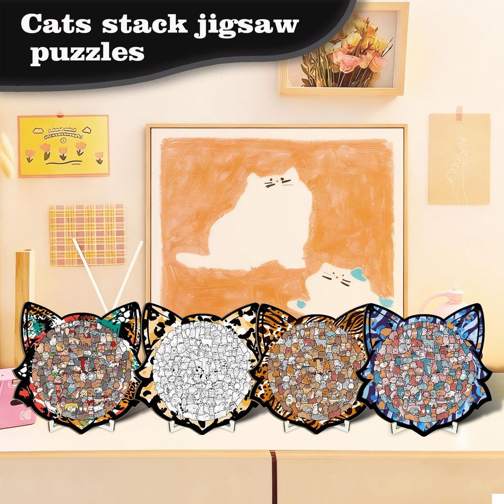 Fun Cat Set Cat Puzzle Wooden Special-Shaped Splicing Toy Solid Wood Decompression Puzzle