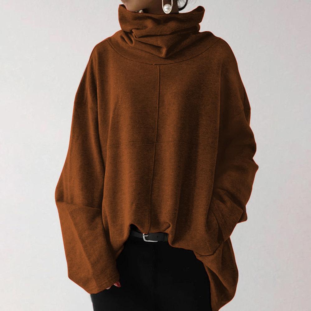 Autumn and Winter Women's Loose Casual Long Sleeve High Neck Pullover Solid Colour Pocket Sweatshirt