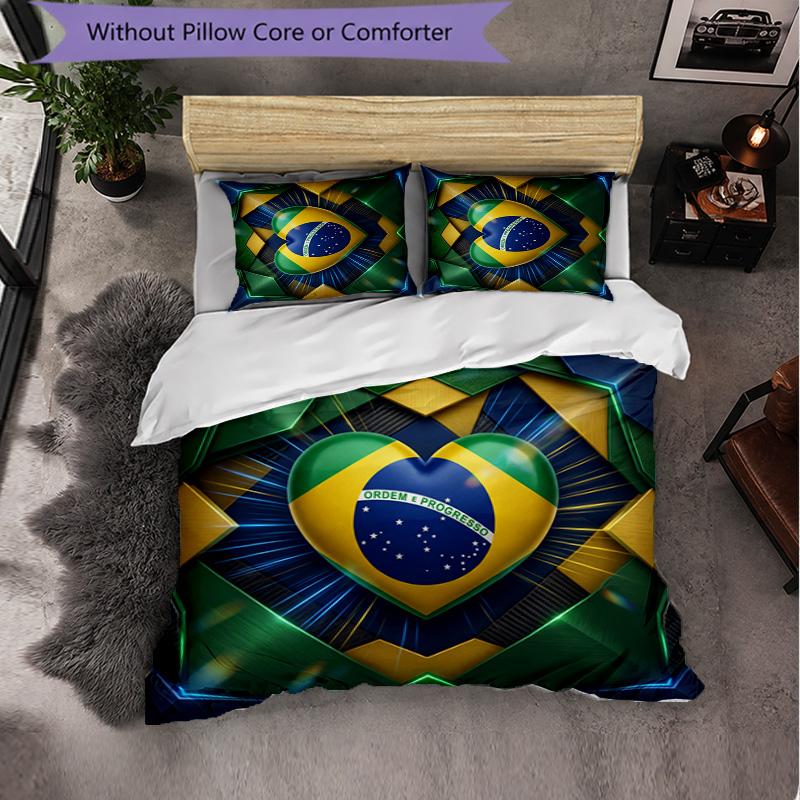 Brasilien Fußballmuster 3-teiliges Bettwäsche-Set Weiche Mikrofaser-Bettbezug mit Kissenbezügen für das Schlafzimmer