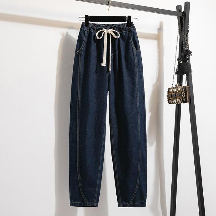 Nowe Vintage Oversize Moda Damskie Wysoki Stan Elastyczne Gładkie Jeansowe Haremki Spodnie Podstawowe Plus Size