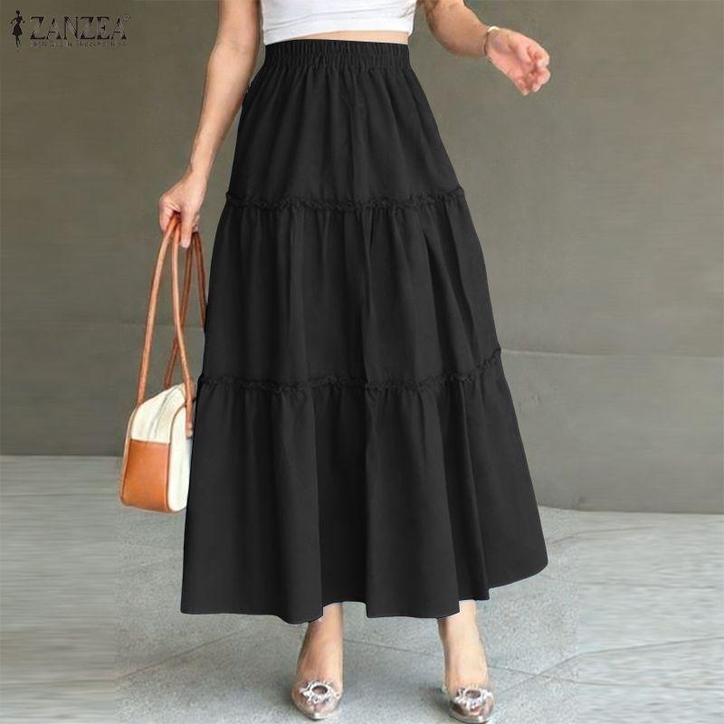 ZANZEA Women Casual Elastic Waist Solid Color Loose Long Skirts