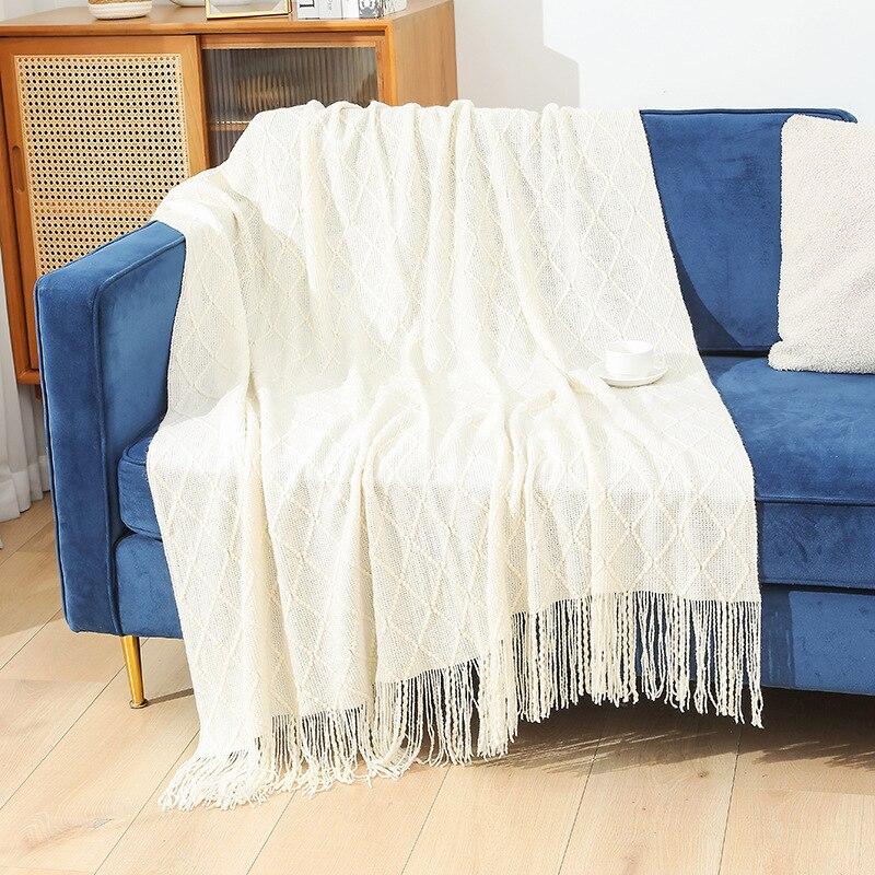 130X180CM Retro Diamond Plaid Wool Tassel Hem Blanket Solid Color Knitted Sofa Home Office Rest Cover Blankets Soft Comfortable