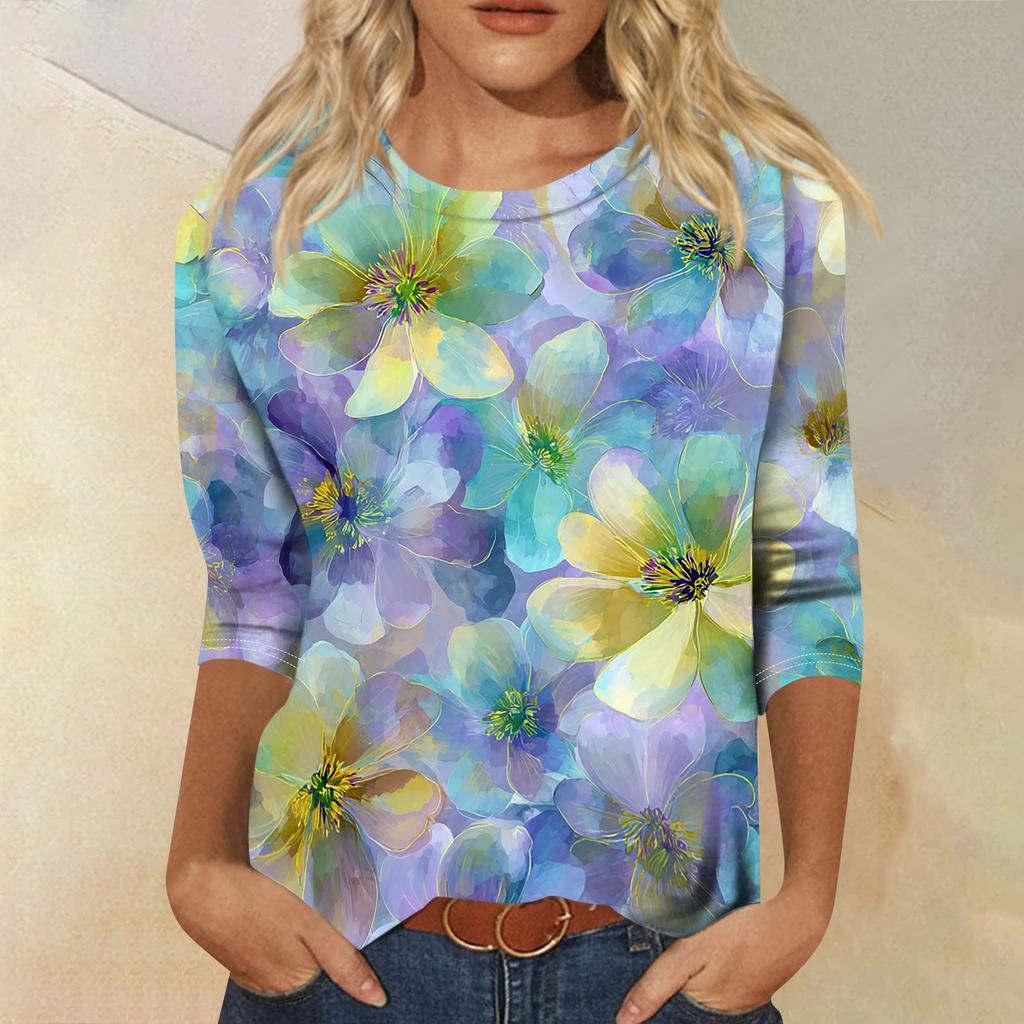 Women Casual Crew Neck Three Quarter Sleeve Floral Print T Shirt Top Relaxed Fit Lightweight Pullover Blouse for Daily Wear