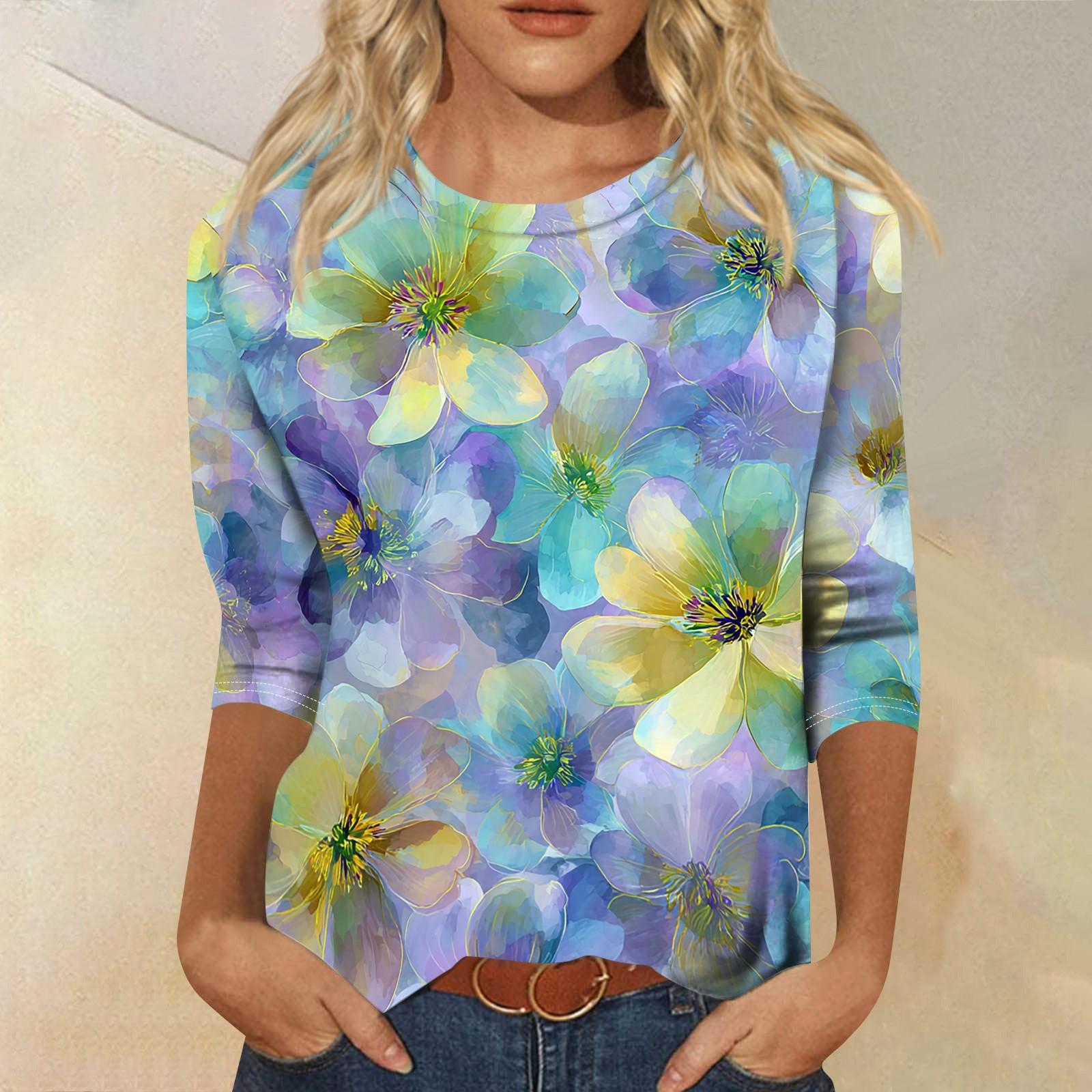 

Women’s Crew Neck Three Quarter Sleeve Floral Print Casual Top Loose Fit Lightweight Pullover Blouse for Daily Wear XXXXXL
