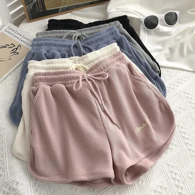 Waffle Sports Shorts Women's Summer Korean Version of Loose High Waist Home Wide Leg Hot Pants To Wear