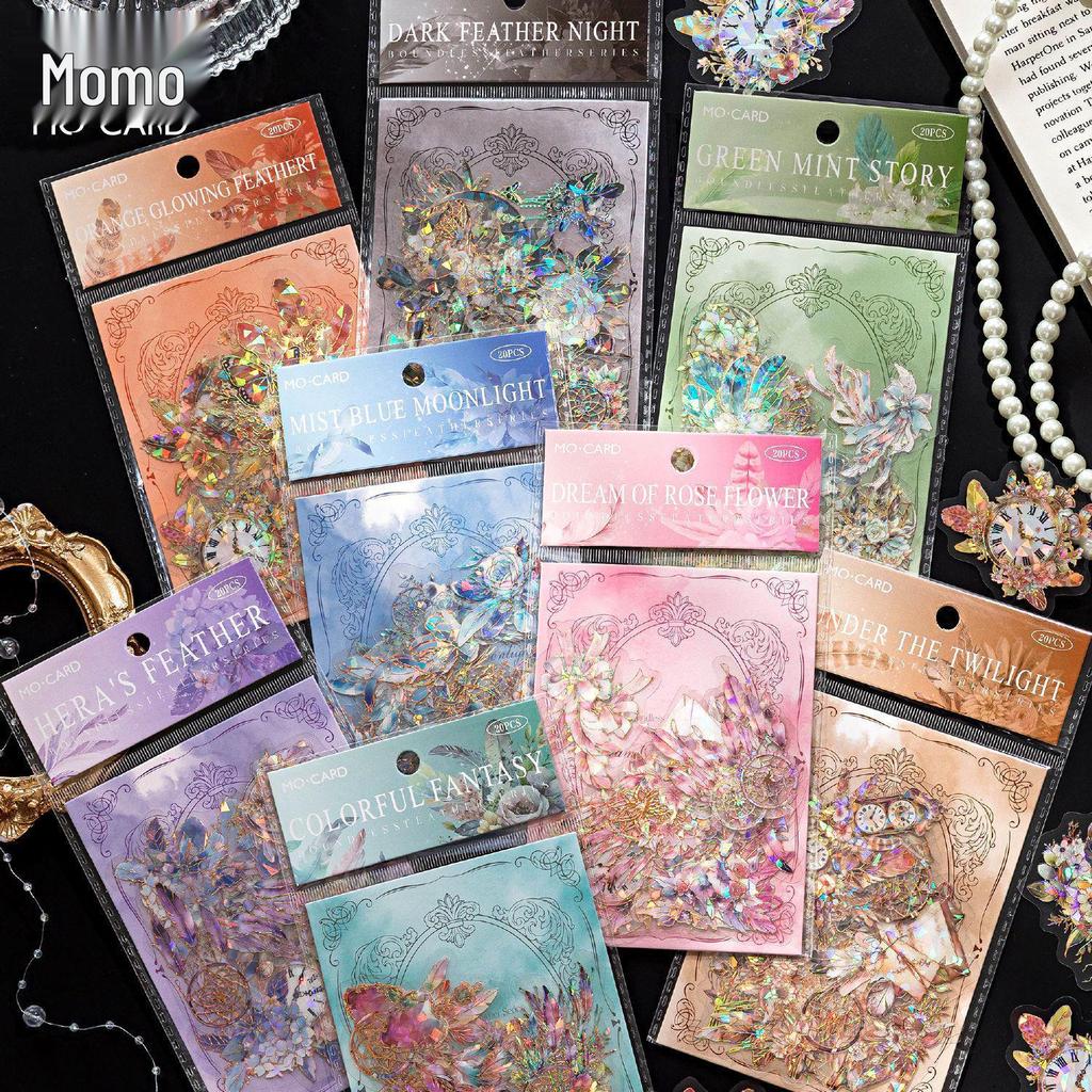 MòMò Ice Crystal 3D Laser Gold Feather Stickers for Journals - Borderless, 8 Styles
