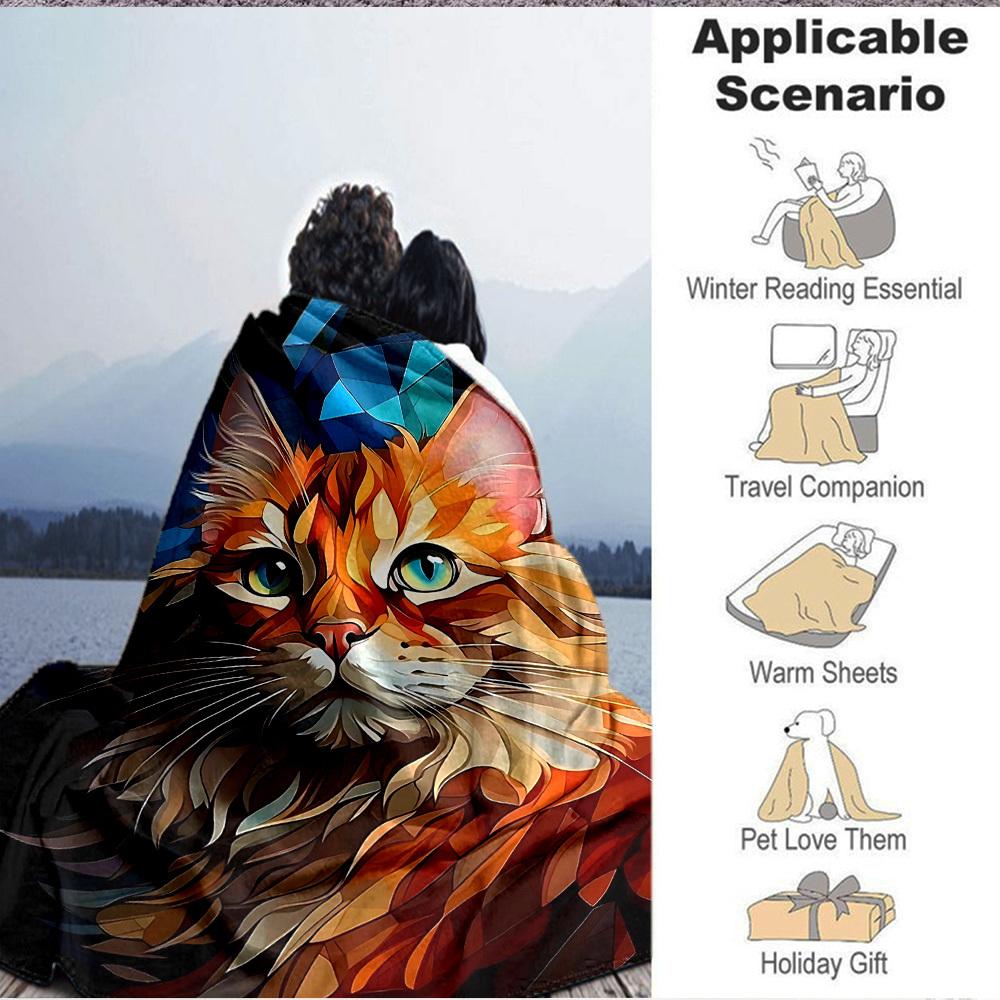 1pc Feline Abstract Print Blanket   Lightweight Flannel Throw Blanket For Sofa, Bed, Living Room, Office, Outdoor Travel, Camping