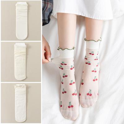 Women Cute Mesh Ruffles Socks Silk Socks Lovely Fruits Pattern Transparent Thin Trendy Funny
