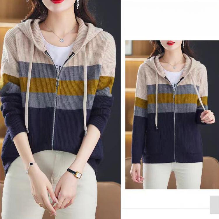 Hooded Striped Cardigan Women's Spring and Autumn Sweater Sweatshirt Casual Knitted Sweater Loose Knitted Cardigan