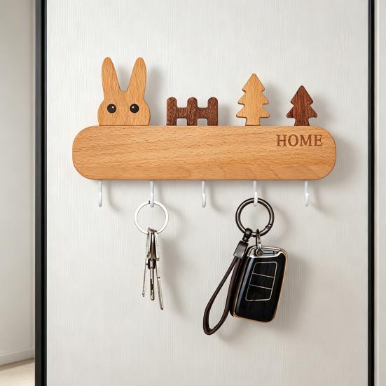 Natural Wood Key Organizer Wooden Holder with 5 Hooks, Cartoon House Theme Organizer, Multi No Drill Hanger Purpose Hanging Rack for Keys Pet Leashes