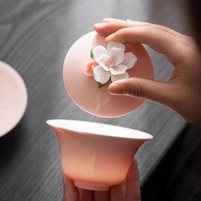 Damen-Schwebende Drei-Talente-Deckeltasse für Tee, Hitzebeständig, Rosa Set, Handgefertigte Keramik Kung Fu Teetasse, Einzelne Deckeltasse