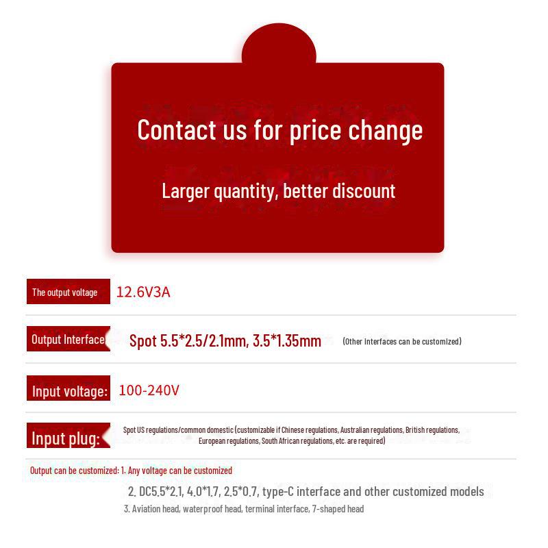 12.6V 3A Lithium Battery Charger for 3-String 18650 Batteries - Compatible with Electric Screwdriver, Hand Drill, and Light
