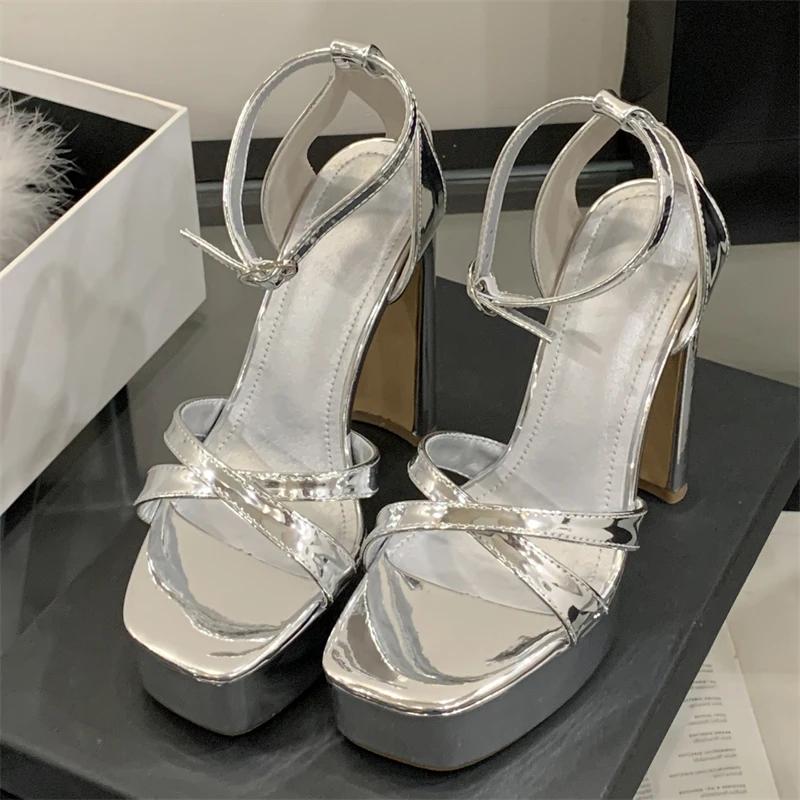 Fashion Eilyken Summer Extreme High Heels Square Toe Platform Sandals Women Fashion Narrow Band Buckle Strap Dress Party Shoes