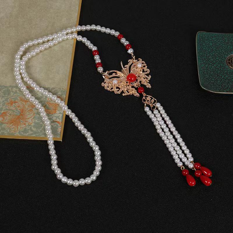 Ethnic Style Hollow Carved Lucky Bag Pendant Green Imitation Jade Handmade Beaded Long Necklace