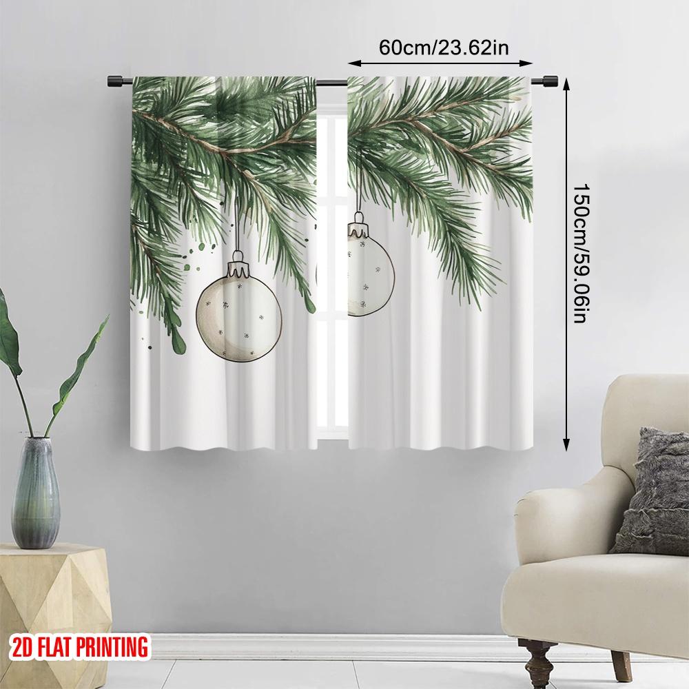 2pcs,2D Plane Printing Print Curtains Christmas Ornaments Fir Branch Watercolor (3) Versatile 100% Polyester (without Rod)