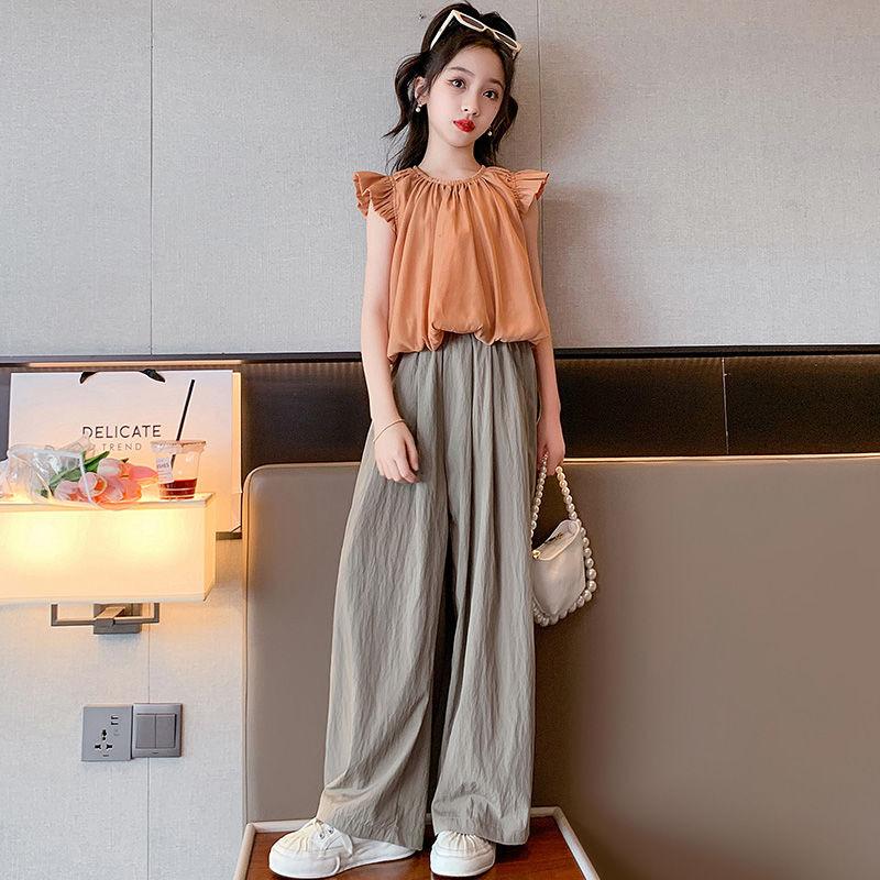 Girls' Casual Sweet Suit, Girls' Chiffon Shirt, T-shirt, Wide-leg Pants, Two-piece Suit