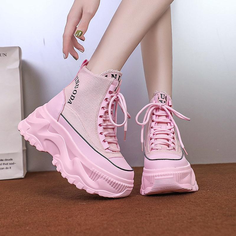 Fashion Women Ankle Boots Lace Up 8CM Sneakers High Platform Punk Boots Spring Autumn Black Chunky Motorcycle Boots Botas Mujer